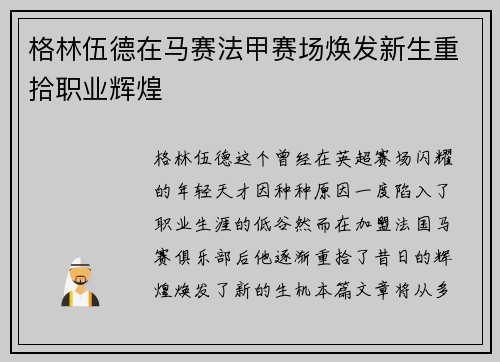 格林伍德在马赛法甲赛场焕发新生重拾职业辉煌